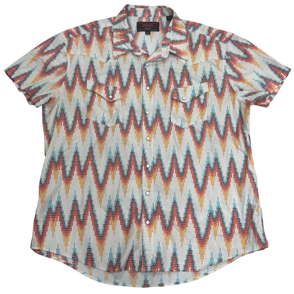 Rock and Roll Denim Mens XXL Modern Fit Pearl Snap Western Shirt Zigzag Print